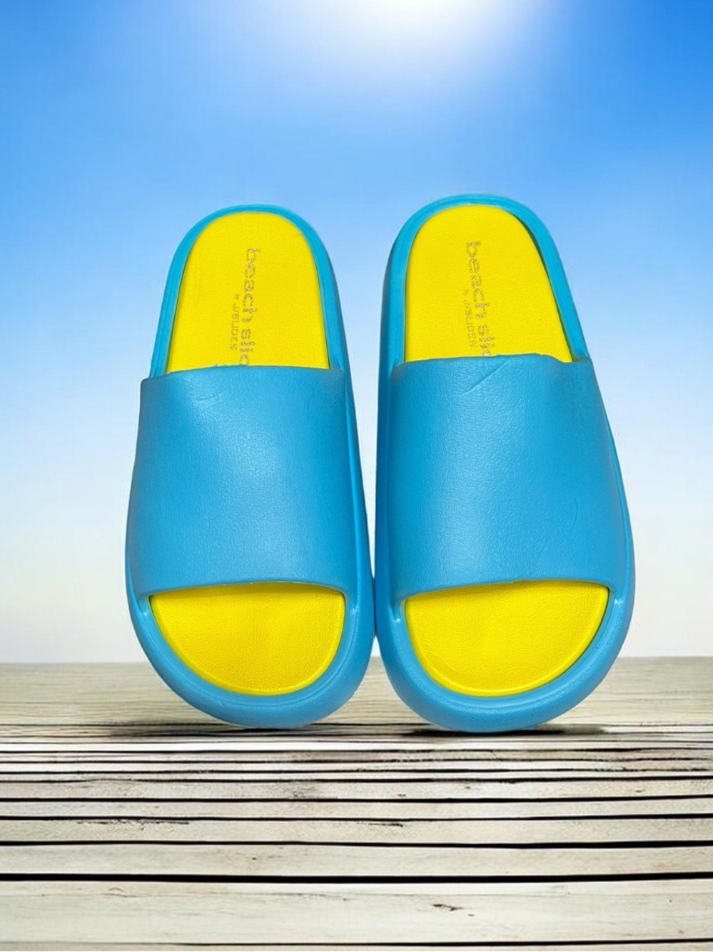 🌻NEW J/Slides Squish Beach Slides Turquoise Yellow Cushioned Sandals Women's 7 - Picture 2 of 12